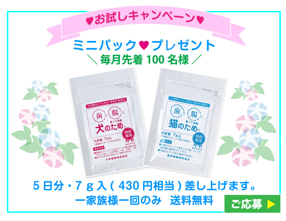 お試しキャンペーン『ミニパックプレゼント』 毎月先着100名様 5日分 7g入（430円相当）差し上げます。（一家族様一回のみ　送料無料）